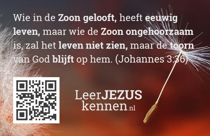 Wie in de Zoon gelooft, heeft eeuwig leven, maar wie de Zoon ongehoorzaam is, zal het leven niet zien, maar de toorn van God blijft op hem. (Johannes 3:36)